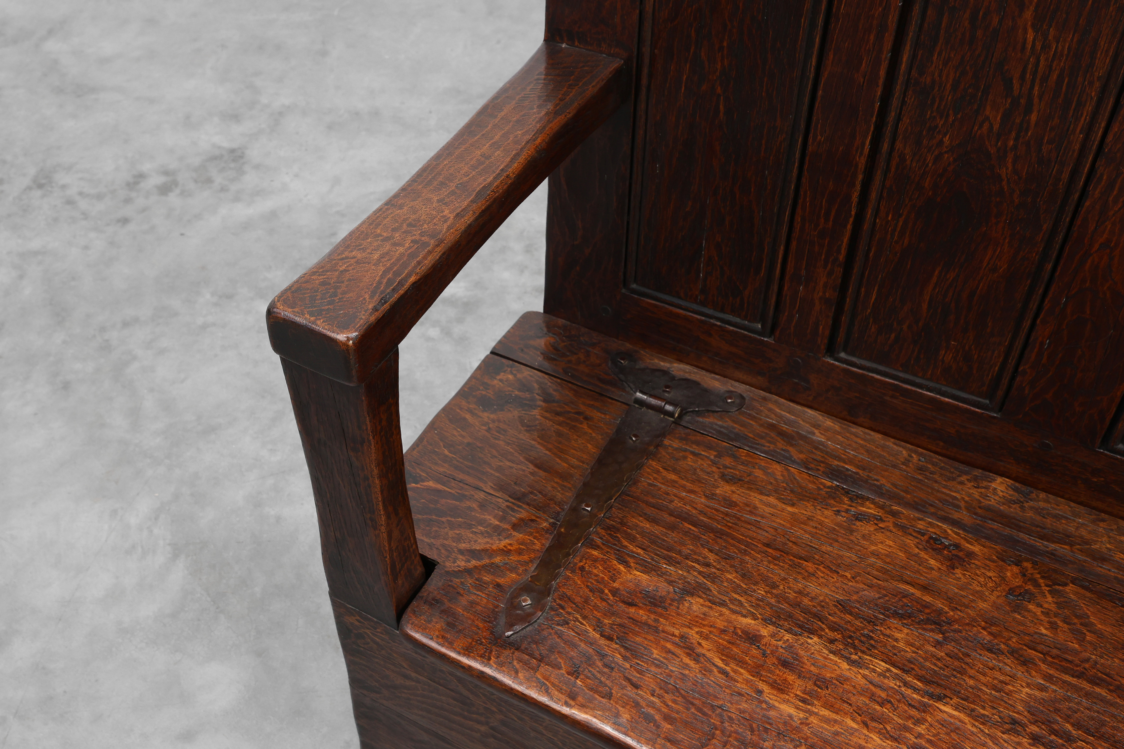 Rustic solid oak carved bench with storage compartment, France 19th centurythumbnail